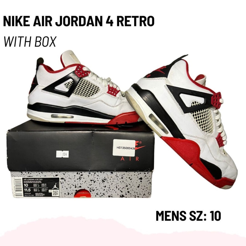 Nike Air Jordan 4 Retro OG GS 'Fire Red' & White/Black Sneakers - Size 10
